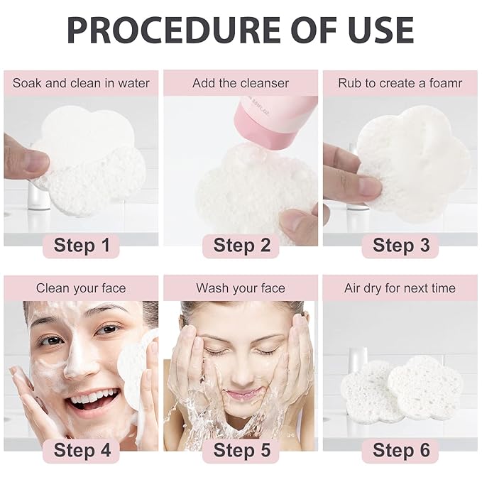 50-Count Facial Sponges Compressed Facial Sponges Natural Facial Cleansing Sponges Pads Cute Flower Shape Exfoliating Sponges for Cleansing Reusable,Best Makeup Gift, White+Pink