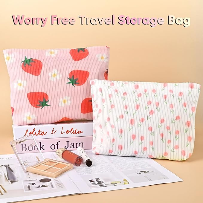 Cute Floral Makeup Pouch for Women Small Make Up Bag for Purse Zipper Initial Makeup Cosmetic Bags Pouches for Purse Aesthetic Travel Toiletry Bags, Pink Rose