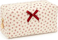 Floral Quilted Cotton Makeup Bag for Women, Large Capacity Travel Cosmetic Pouch with Zipper, Cute Toiletry & Brush Organizer, Kawaii Makeup Storage Case – Red Floral