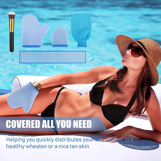Boao 5 Pieces Self Tanning Mitt Applicator Kit, Includes Tanning Mitt, Exfoliating Glove, Mini Face Glove, Back Lotion Applicator, and Large Brush Makeup(Blue)