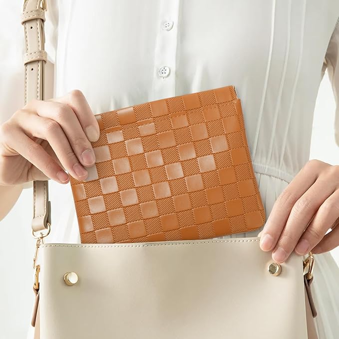 Sightor 2PCS Pocket Cosmetic Bag for Purse, Checkered Makeup Bag Portable Leather Cosmetic Bag for Women, Coin Purse Lipstick Cosmetic Accessories Organizer Travel Cosmetic Pouch (Brown, Beige, L)