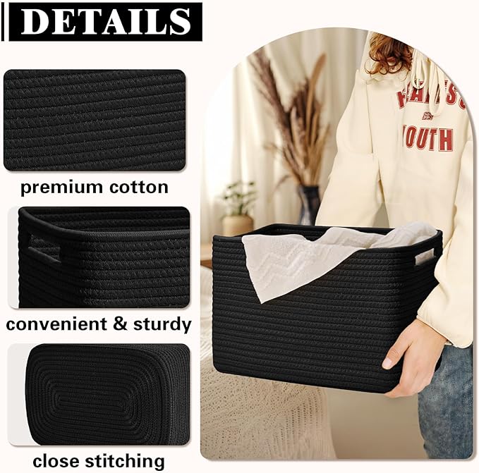 Storage Baskets for Organizing, 4 Pack Baskets for Shelves, Decorative Storage Bins for Shelves, Cotton Rope Storage Basket with Handles, Woven Basket for Storage, 13''Lx8.7''Wx7.9''H, Black