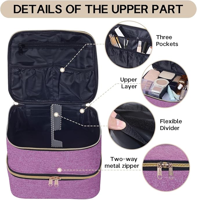 Double Layer Makeup Bag Portable Large Cosmetic Case Organizer with Adjustable Dividers Storage Travel Bag for Accessories Brushes Conditioner and Skin Care Products (Purple)