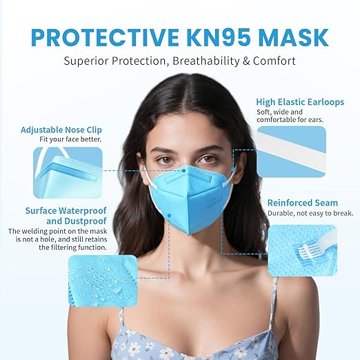 akgk KN95 Face Mask 50 PCS, Breathable Protection Masks, 5-Ply KN95 Blue Masks, Cup Dust Safety Masks