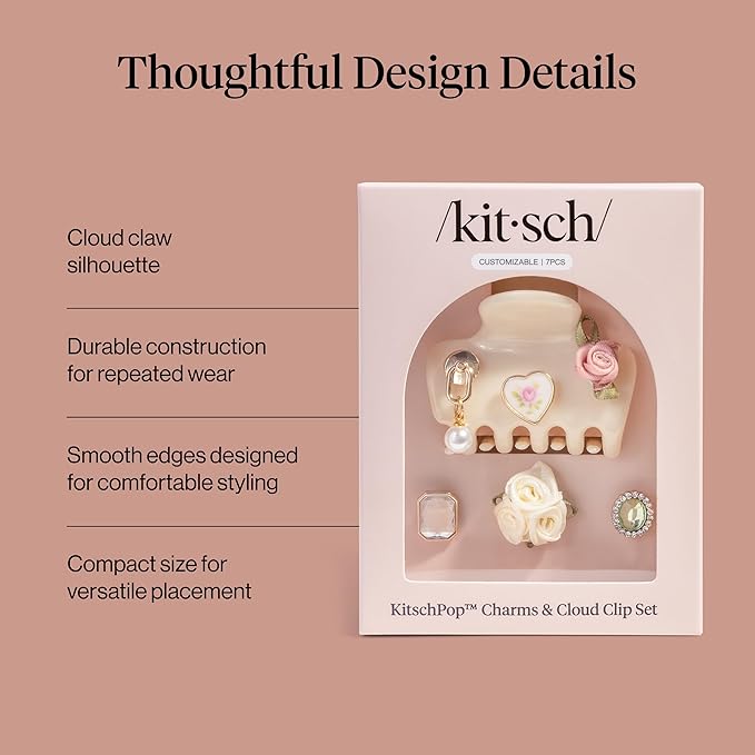 KitschPop ™ Hair Clips For Women with Charm Sets -Customizable Cloud Claw Clip With Interchangeable Collectible Cute Charms | Ideal Gifts For Women - Pearlized Cream, 7pcs Set