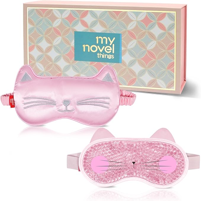 Cooling Eye Mask and Sleep Mask for Woman 2 Pcs, Cute Animal Cat Cartoon Pink Sleeping Mask Soft Cold Warm Compress Gifting for Dry Eyes Puff Eye Migraine Spa, Office, Morning Refreshment