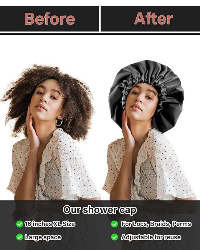 Aquior Shower Cap for Women, Extra Adjustable Shower Caps for Women Double-Layer Waterproof Reusable Hair Cap, Large Size Hair Cap for All Hair,for Girls Spa Bath,Soft and Comfortable (Back)