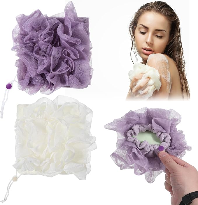 2 Pcs 2 in 1 Loofah Washcloth Combo, Soap Bar Loofah, Exfoliating Shower Pouf with Bar Soap Pocket for Bathing, Cleansing and Smooth Skin (Beige, Purple)