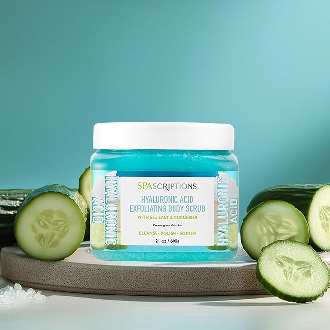 SpaScriptions Cucumber Sugar Scrub - Cooling Body Scrub Exfoliator with Seal Salt & Hyaluronic Acid, Ideal for Dry, Dull, & Rough Skin, Helps Support Hydrated, Comfortable, & Soothing Skin, 21 oz