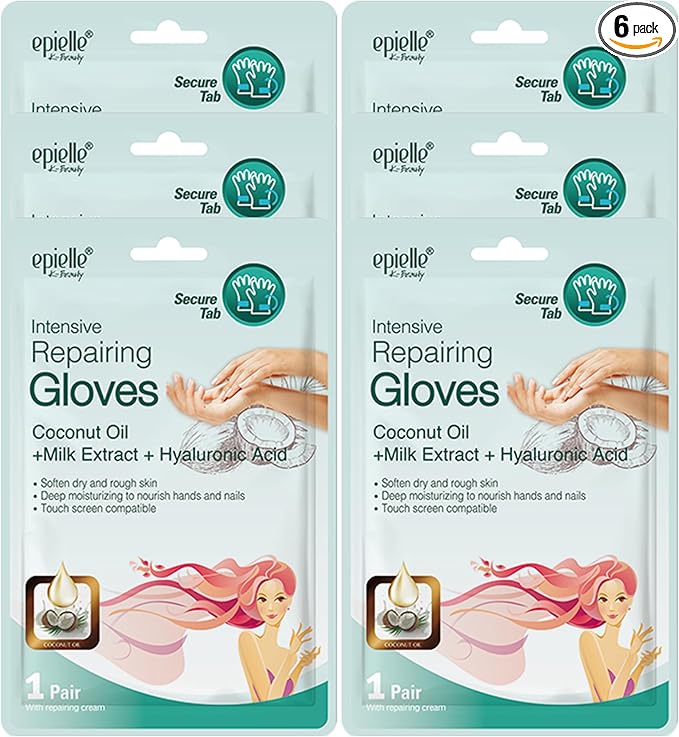 Epielle Intensive Repairing Hand Mask 6 Pairs, Soften with Coconut Oil & Milk Extract, Deep Moisturizing Gloves for Dry, Rough Skin, Self Care Gifts for Women, Spa Kit, Easter Basket Stuffers