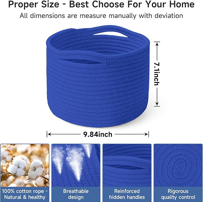 Small Rope Baskets for Storage, Baskets for Gifts Empty, Cute Round Woven Basket, Decorative Shelf Baskets 9.82×9.82×7.1", Cotton Toy Basket Storage Bins for Organizer 3 Packs