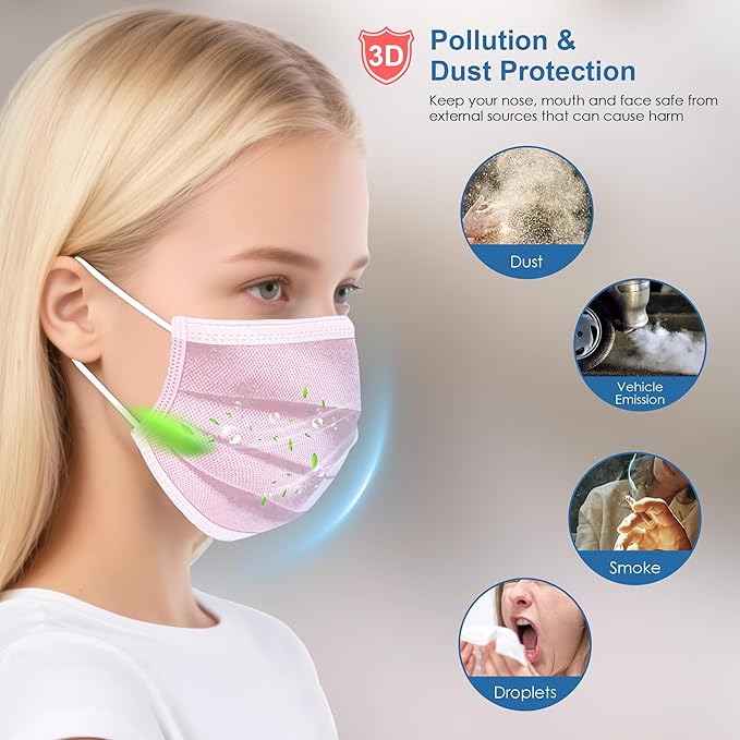 NNPCBT Pink Disposable Face Masks 100 Pack,3-Ply Breathable Mask For Adults,Great For Outdoors,Home, Office, School