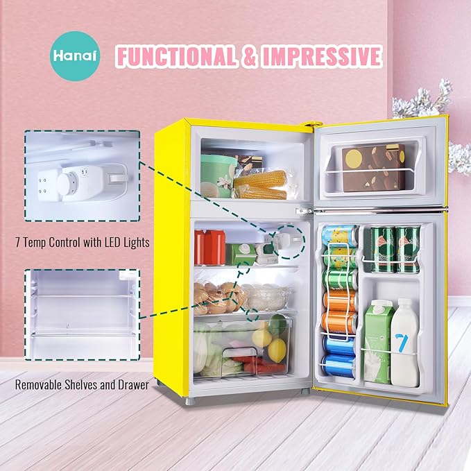 WANAI 3.5 Cu.ft Small Refrigerators Retro Mini Fridge with Freezer Yellow Full-sized Fridge Dual Door Dual Handle Classic Removable Glass Shelves Adjustable Thermostat for Home Office Dorm RV