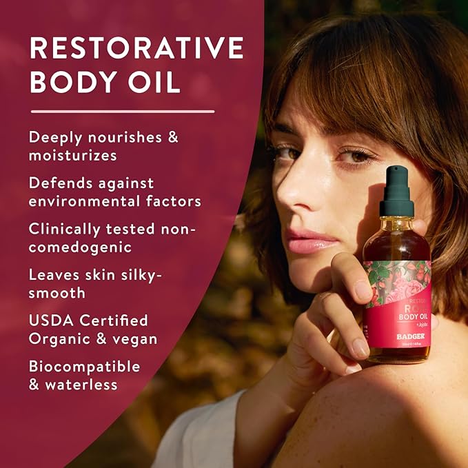 Badger Rose Body Oil, 100% Organic Rose Scented Body Oil, All Natural Body Moisturizer, Organic Jojoba & Rose Oils Soothe Dry Skin, 4 fl oz Glass Bottle