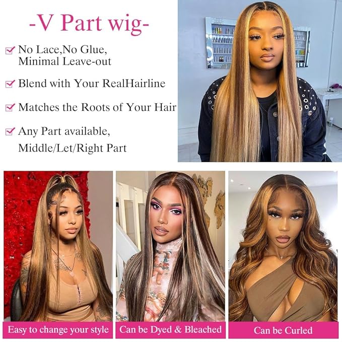 Highlight Ombre V Part Wigs Human Hair Straight Balayage Blonde V Part Human Hair Wigs 180% Density Glueless Clip In Half Wig (14inch,#T1BP4/27)