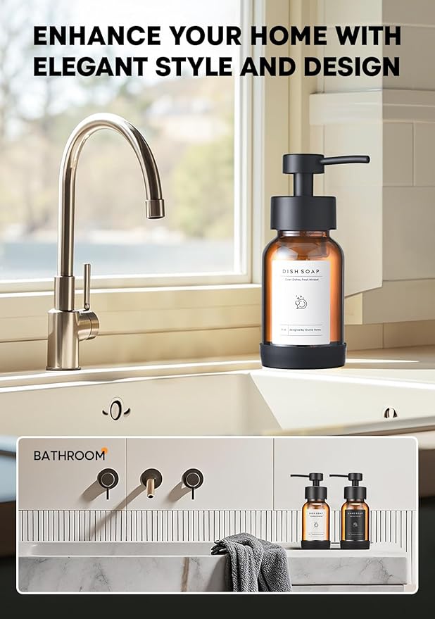 Foaming Soap Dispenser Set, Glass Foam Soap Dispenser with Plastic Pump, 8.5oz Empty Refillable Glass Bottle for Liquid Soap - Kitchen, Bathroom, Commercial
