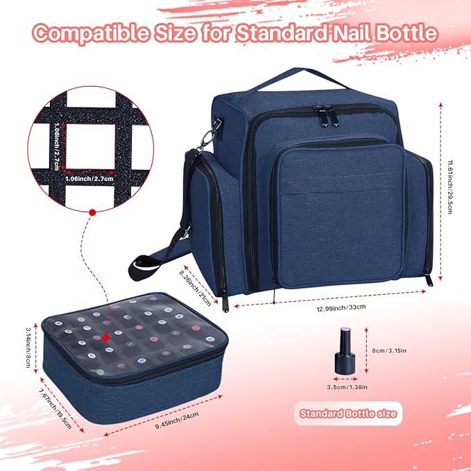 Nail Polish Organizer Storage Box, Holds 90 Bottles of Nail Polish, Portable Travel Case with 3 Separate Storage Bags, Can Be Used for Nail Art Supplies, Manicurists, etc Blue
