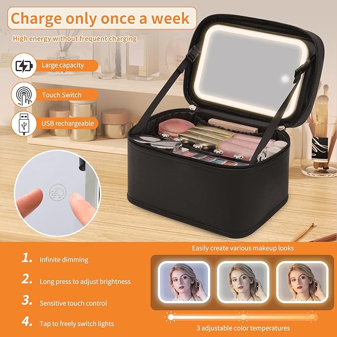 OCHEAL Makeup Bag With LED Mirror, Travel Makeup Bag With 3 Color Setting Light Up Mirror Cosmetic Organizer Vanity Case for Women Beauty Tools Accessories Rechargeable Makeup Travel Bag-Black