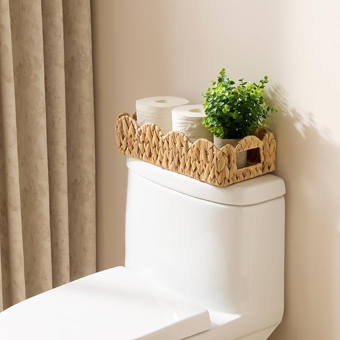 YANGQIHOME Toilet Paper Basket, Water Hyacinth Toilet Tank Basket for Storage, Scalloped Baskets for Bathroom Decor, Bedroom Nursery Room Kitchen, 2 Pack