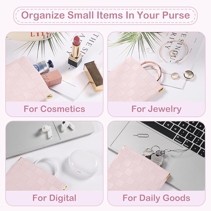 Sightor 2PCS Small Makeup Bag for Purse, Mini Cosmetic Bag Waterproof Pouch for Women, Checkered Purse Self-closing Coin Lipstick Small Leather Cosmetic Pouch (Pink, White)