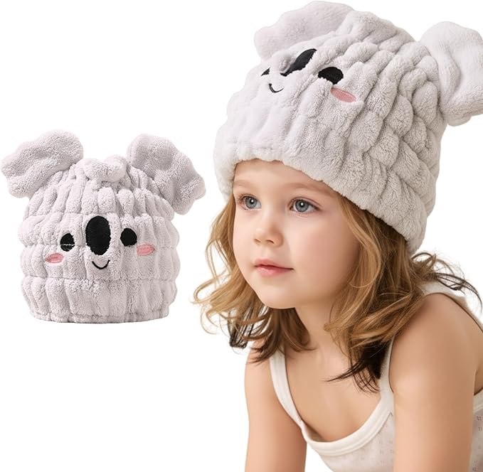 Microfiber Hair Towel Wrap for Kids, Koala Dry Hair Cap Suck Water, Absorbent Quick Girls Boys Hair Drying Towel, Lightweight Bouncy Hat Headscarf