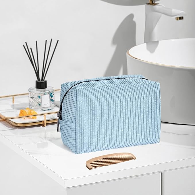 MAANGE Cosmetic Bags for Women Small Makeup Bag for Purse Corduroy Makeup Pouch Travel Makeup Bag with Metal Zipper Make Up Bag for Travelling(BLUE)