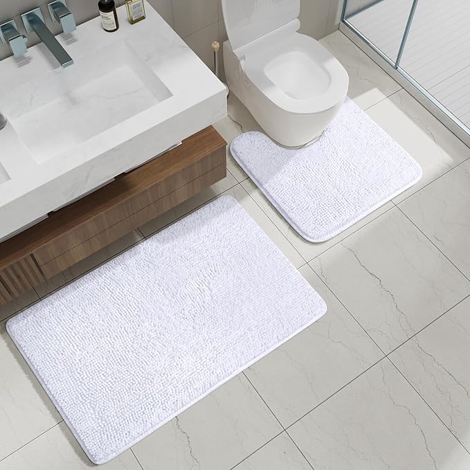 AROGAN Bathroom Rug Sets 2 Piece, 20"x20" U-Shaped Toilet Mat and 21"×34" Bath Mats Floor Set, Machine Washable Bath Rug, Absorbent and Dry Quickly, Soft Non Slip Bathroom Rug Set, White