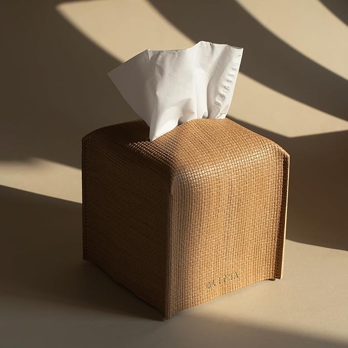 OLETHA Square Tissue Box Cover - Aesthetic Desk Decor for Room, Home & Office - Tissues Cube Boxes Holder - Raffia Embossing, Wheat