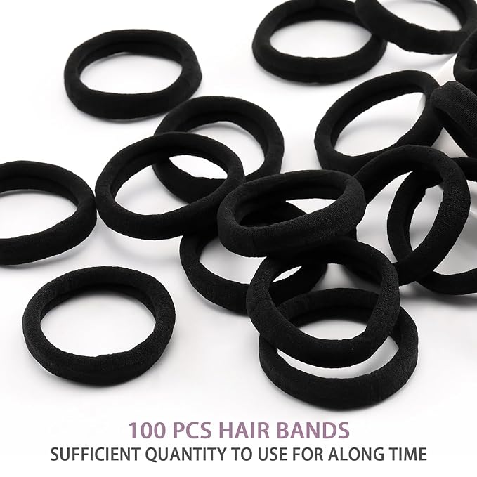 100PCS Black Hair Ties for Women, Seamless Cotton Hair Bands, No Crease No Damage Hair Tie for Thick Thin Hair, Soft Ponytail Holders, Hair Accessories for Girls