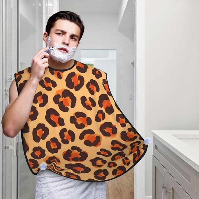 Beard Bib Apron for Men Shaving, Waterproof Non-Stick Hair Catcher with Suction Cups, Grooming Essential for Dad Husband, Animal Cheetah Leopard Print Shave Bib