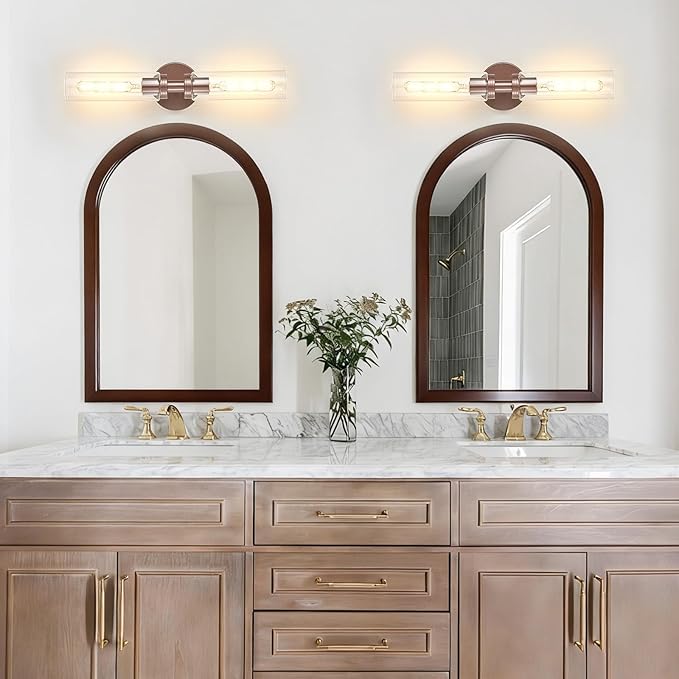 2 Light Bathroom Wall Sconces Set of 2,Modern Farmhouse Bronze Bathroom Light Fixture Over Mirror with Clear Glass Shade,Bathroom Vanity Light for Hallway Cabinet Bedroom Stairway Porch