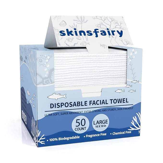 Disposable Face Towels, Ultra Soft Biodegradable Dry Wipes, 50 Count 10x10'' Large Towelettes for Cleansing, Makeup Remover, Skincare, Sensitive Skin, Nursing, Travel