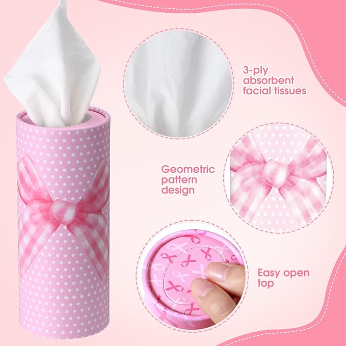 Outus 12 Pcs Bow Car Tissues Cylinder Holder with 3 Ply Facial Tissue Bulk Pink Bow Ribbon Round Tissue Holder Travel Tissues Boxes Container for Car Cup Wedding Birthday Party