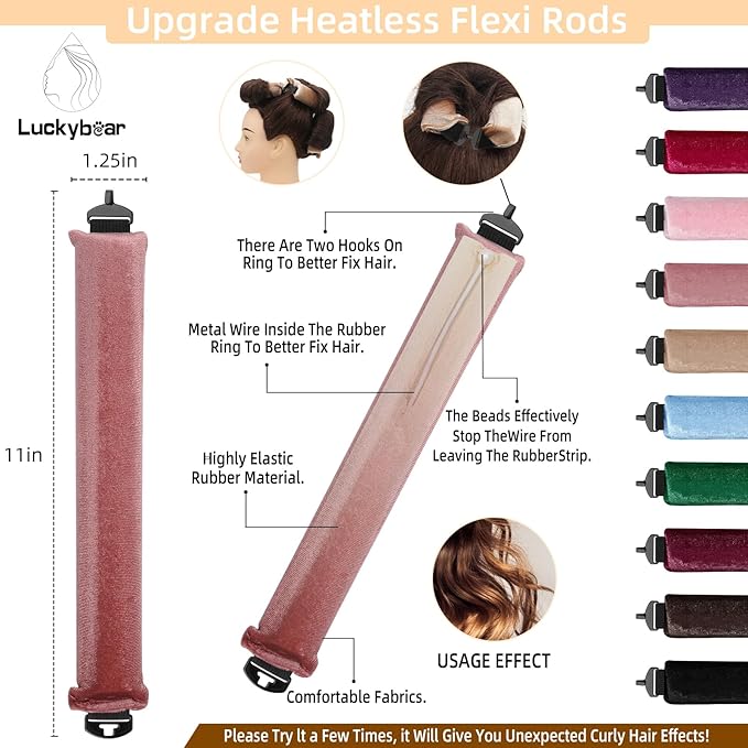 Luckybear Heatless Hair Curlers, 3pcs Satin Jumbo Flexi Rods for All Hair Types, Overnight Sleeping Curls Styling Tools, Dark Pink