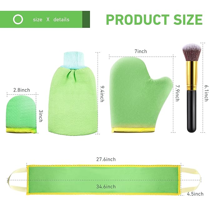 Boao 5 Pieces Self Tanning Mitt Applicator Kit, Includes Tanning Mitt, Exfoliating Glove, Mini Face Glove, Back Lotion Applicator, and Large Brush Makeup(Green)