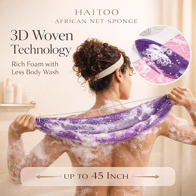 African Net Sponge Authentic, 3 Pieces African Exfoliating Net Sponge Body Back Scrubber Exfoliating Washcloth for Shower Bath for All Types Skin (Purple+Pink+Olive Green, 3 Pcs)