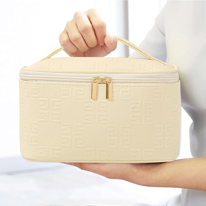 Meiyuuo Makeup Bag Large Cosmetic Bags for Women Girls Cute Travel Zipper Pouch Toiletry Organizer for Beauty Essentials Waterproof (Light Beige)