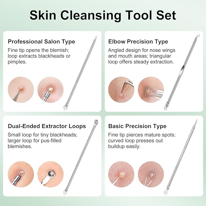 Blackhead Remover Tools for Face, Black Head Remover for Nose, 304 Stainless Steel Pore Extractor Spatula for Deep Pore Cleaning with Soft Silicone Cleansing Brush & 4 Blackhead Needles