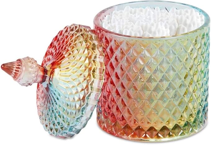 Colorful Home Decorative Jar Qtips Holder Dispenser Glass Storage Container Bathroom Counter Vanity Organizer for Bath Salts/Swabs/Rounds Makeup Sponges Toothpick Jewelry(Rainbow, 20 oz)