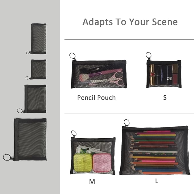 Patu Zipper Mesh Bags, Pack of 4 (S/M/L & Long Pouch), Beauty Makeup Cosmetic Accessories Organizer, Travel Toiletry Kit Set Storage Case, Black