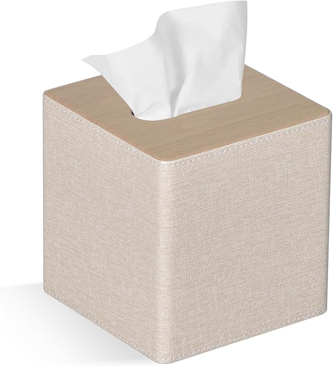 Tissue Box Cover Square PU Leather Facial Tissue Box Holder for Dresser Bathroom Decor (Beige)