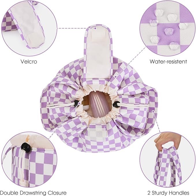 Narwey Barrel Drawstring Checkered Makeup Bag Large Cosmetic Bag Make up Bags Toiletry Bag Travel Bags for Toiletries Organizer for Women Gift for Teen Girls (Purple Checkerboard) (Patent)