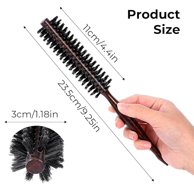 Boar Bristle Round Hair Brush, Small Round Hair Brush with Wooden Handle Portable Beard Brushes for Men Boar Bristle Brushes for Men & Women