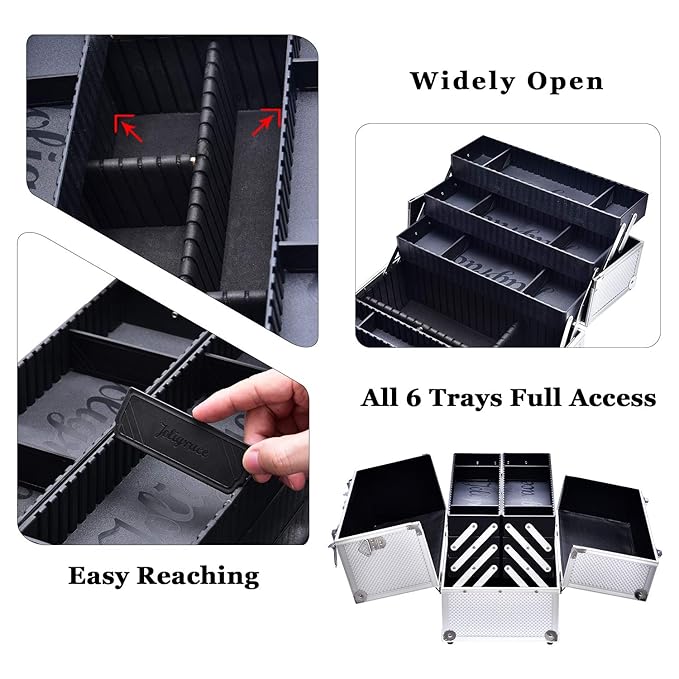 Joligrace Extra Large Makeup Train Case 6 Tray Make Up Artists Organizer Box Lockable Cosmetic Jewelry Toiletries Carrier Crafters Tool Cases with Adjustable Dividers & Shoulder Strap - Silver