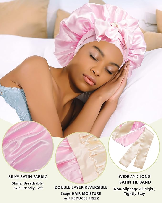 Satin Bonnet Silk Hair Wrap for Sleeping - Reversible Bonnets for Curly Hair - Double Layer Night Cap with Tie Band (Champagne + Pink)