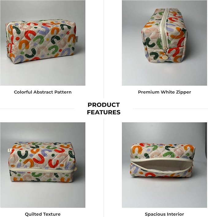 Floral Quilted Cotton Makeup Bag for Women, Large Capacity Travel Cosmetic Pouch with Zipper, Cute Toiletry & Brush Organizer, Kawaii Makeup Storage Case – Colorful