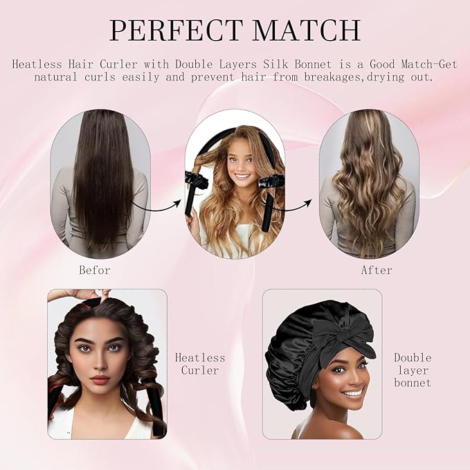 No Heat Overnight Curls with Double Layer Satin Bonnet - Soft Hair Curlers to Sleep In, heatless Curling Rods Set + Silk Bonnet for Women & Girls Long Hair, Heatless Waves & Volume (Black)