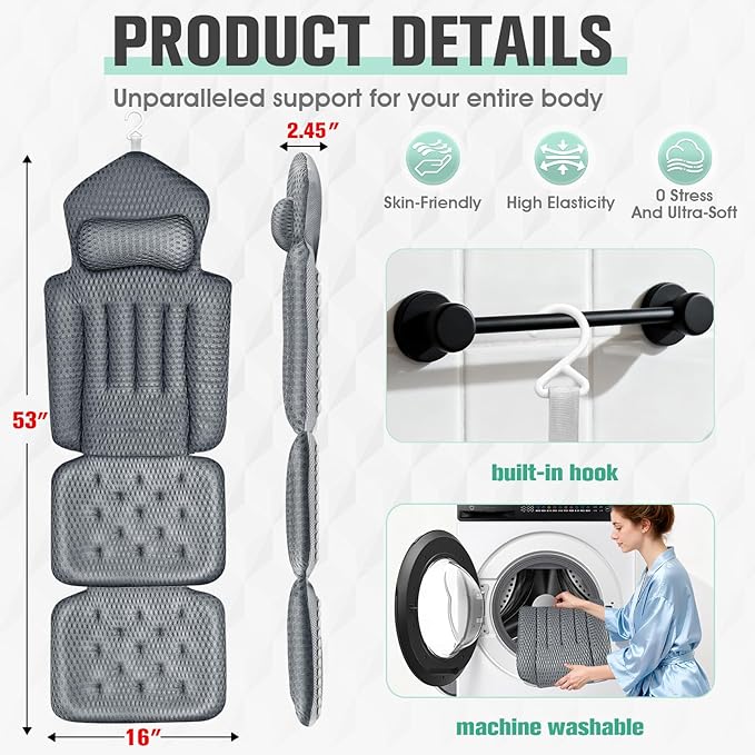 Upgraded Full Body Bath Pillow for Bathtub,Luxury Thick Bath Cushion for Soaking Tub with 192 Suction Cups,Full Body Bathtub Pillows for Head and Neck Shoulder Support,4D Air Mesh, 53" x 16" Dark Gray