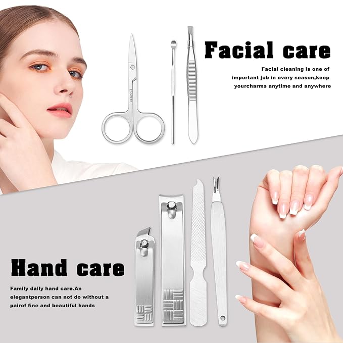 Manicure Set Nail Clippers Pedicure Kit,7 In 1 Pieces Stainless Steel Manicure Kit,Easter Basket Stuffers,Personal Care Manicure Pedicure Set,Nail Care Tools Luxurious Travel Case Sliver