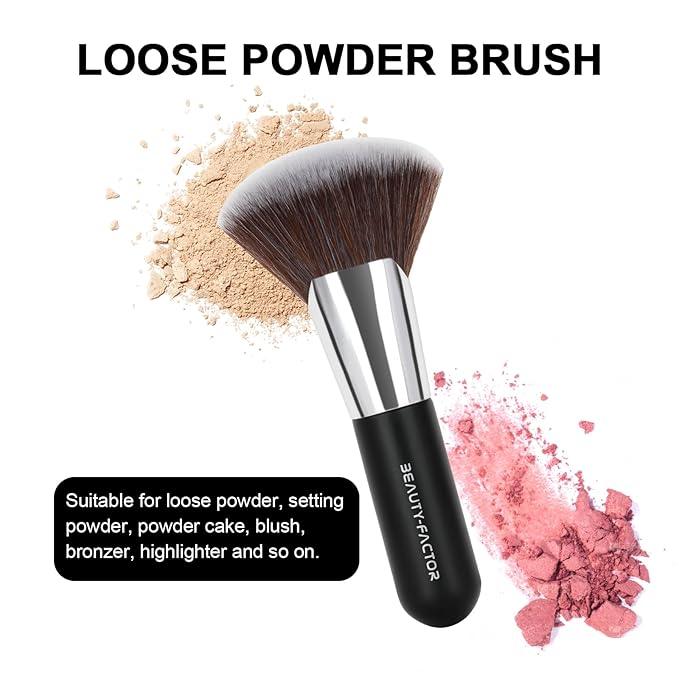 Bronzer Brush for Face - 12CM Fan-shaped Powder Blending Coutour Brush for Loose & Pressed with Fluffy & Soft and Dense Bristles Kabuki Makeup Brushes for Setting Powder, Foundation, Contour, Buffing